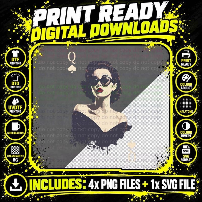 Playing Cards Queen Lady of Spades T-Shirt Png SVG Digital Bundle
