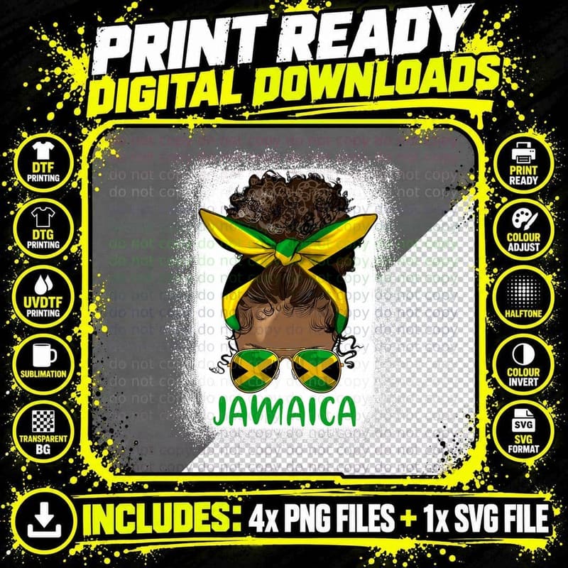 Proud Jamaican Girl Messy Bun Jamaica Flag Black Woman Png SVG Digital Bundle