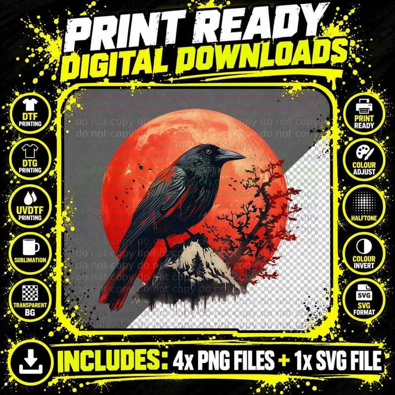 Red Moon Raven Graphic Black Crow Design T-Shirt Png SVG Digital Bundle