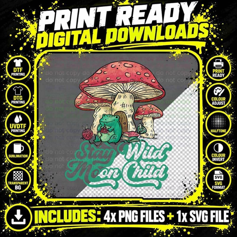 Stay Wild Moon Child Mushroom for Teens Girls and Boys Png SVG Digital Bundle