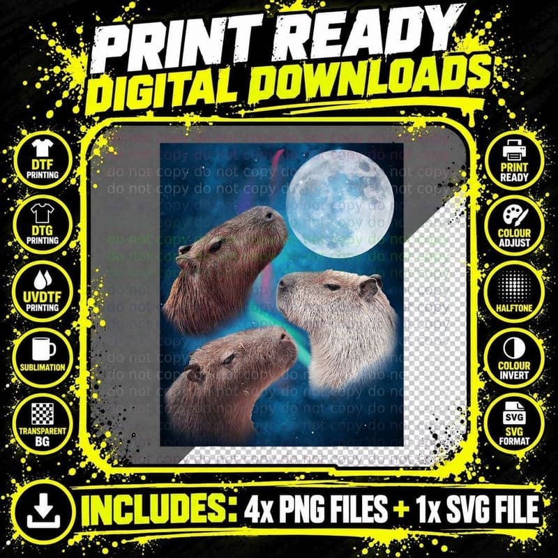 Three Capybaras Moon and Nighttime Sky T-Shirt Png SVG Digital Bundle