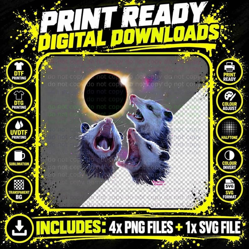 Three Possums Howling at Total Eclipse Moon Opossum Png SVG Digital Bundle