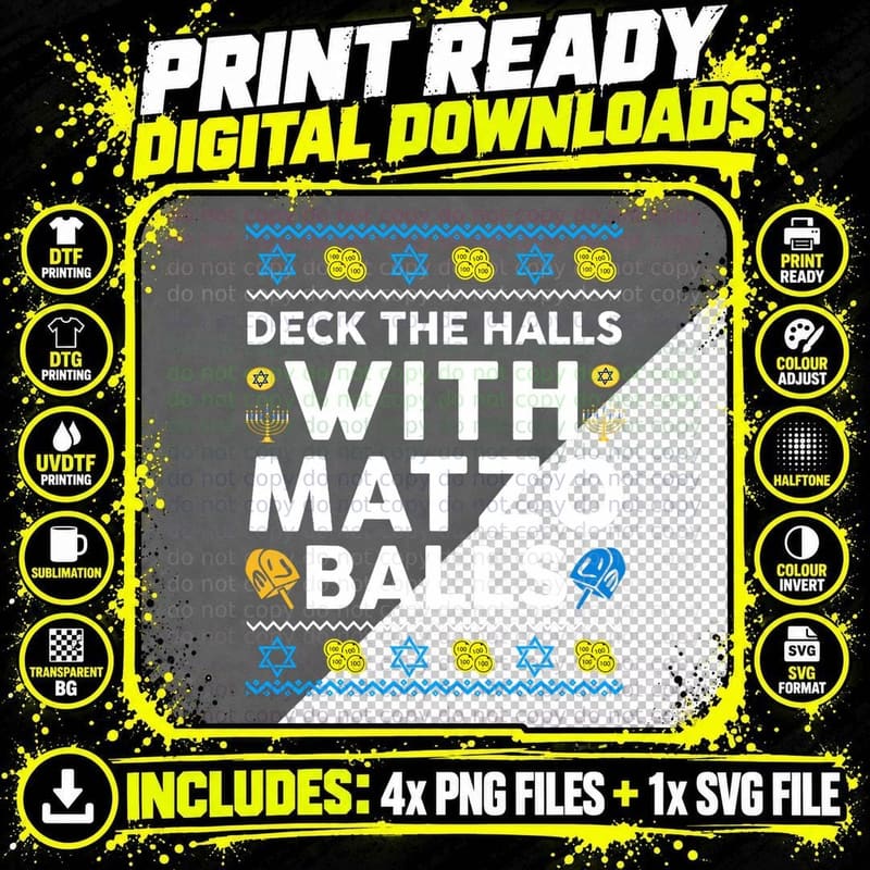 Ugly Hanukkah Deck Hall with Matzo Ball Chanukah Jewish Png SVG Digital Bundle