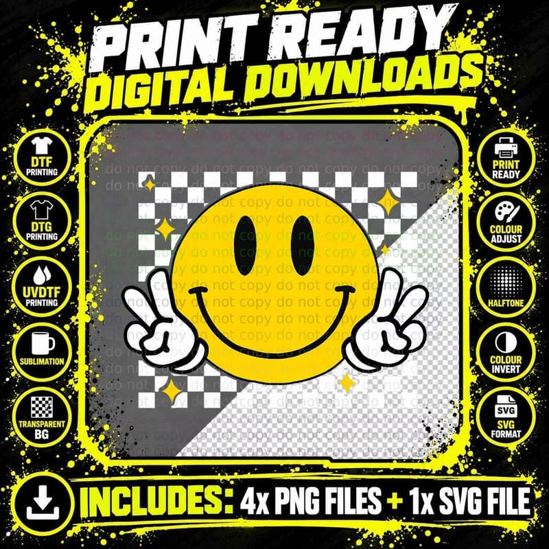 Yellow Smile Face Cute Checkered Peace Smiling Happy Png SVG Digital Bundle