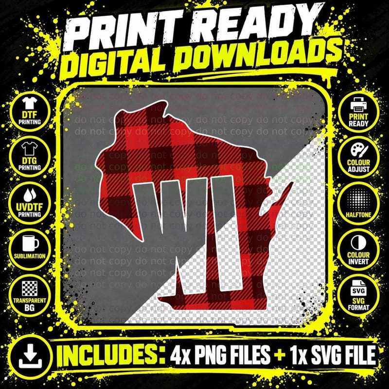 Buffalo Plaid Wisconsin, WI Design Png SVG Digital Bundle