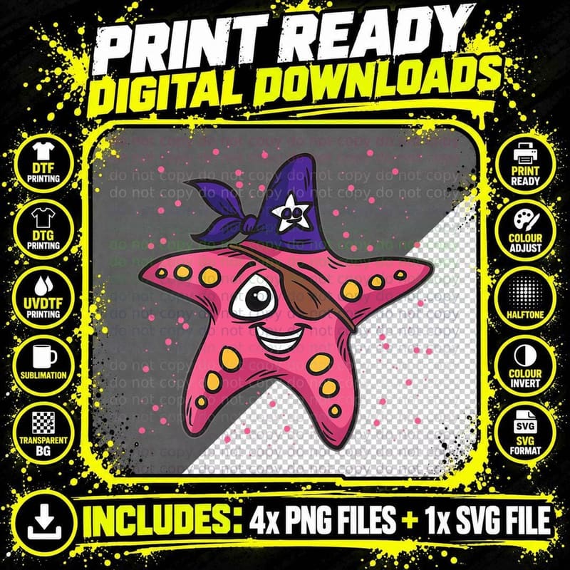 Pink Pirate Starfish with Eye Patch, Gift T-Shirt Png SVG Digital Bundle