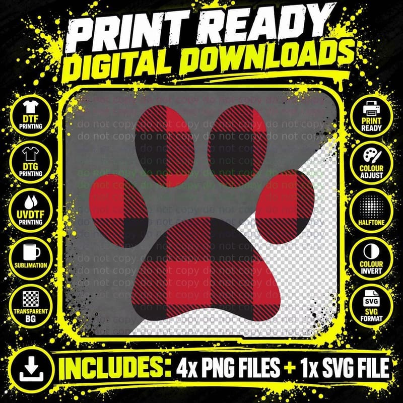 Red Black Plaid Paw Print Hoodie T-Shirt Png SVG Digital Bundle