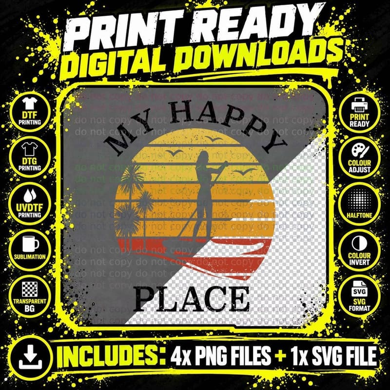 Stand up Paddle SUP Girl - My Happy Place Water Sports Png SVG Digital Bundle