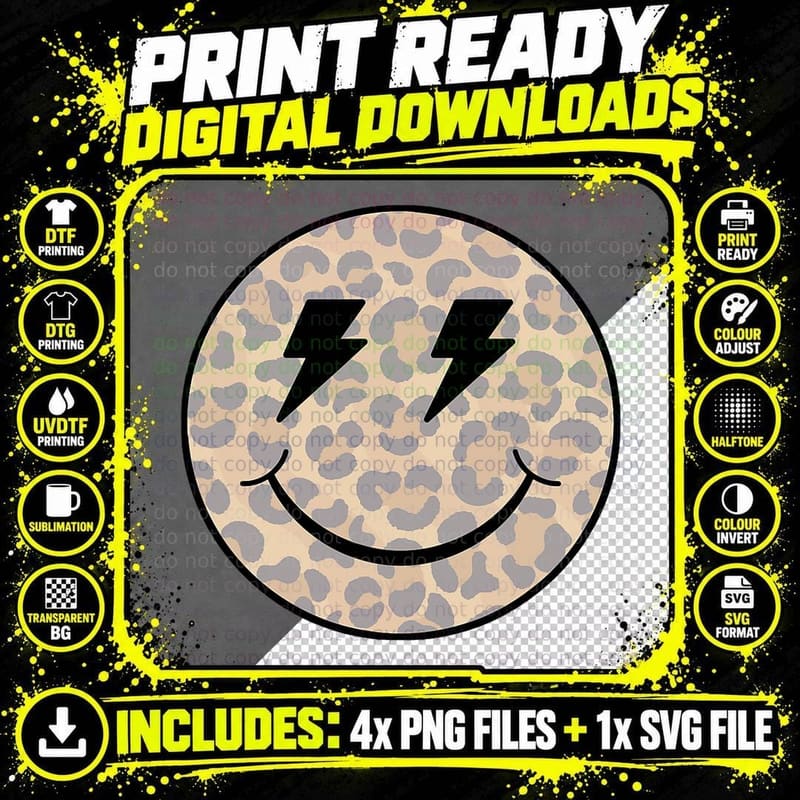 Trendy Leopard Smiley Face Lightning Bolt T-Shirt Png SVG Digital Bundle