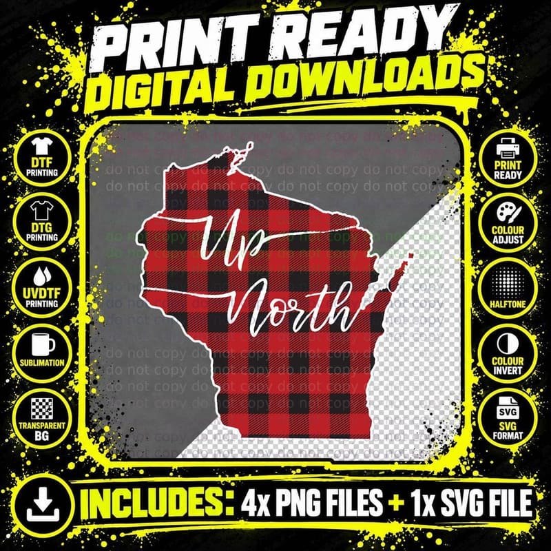 Up North Wisconsin - Checkered Buffalo Plaid Pullover Png SVG Digital Bundle