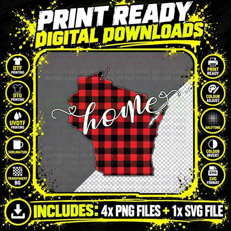Wisconsin WI State Outline Home Winter Red Buffalo Plaid Png SVG Digital Bundle