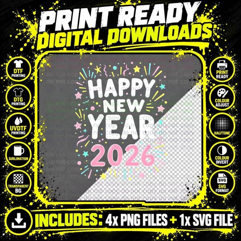 Ears Eve Happy New Year Party Supplies Fireworks 2026 Png SVG Digital Bundle
