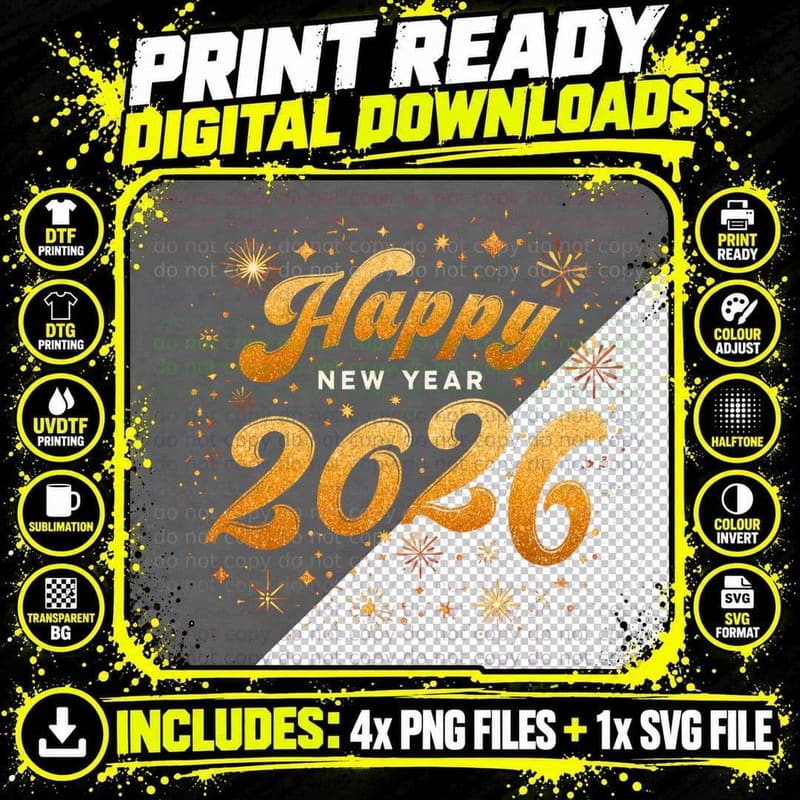 Happy New Year 2026 Day Eve Party Fireworks Confetti Png SVG Digital Bundle