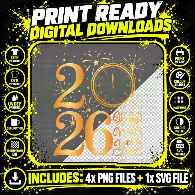 Happy New Year Fireworks 2026 New Year's Eve Party Png SVG Digital Bundle