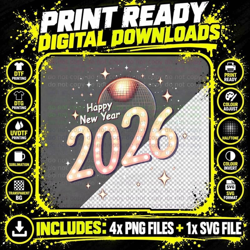 Happy New Year Party Supplies Fireworks 2026 Gift T-Shirt Png SVG Digital Bundle