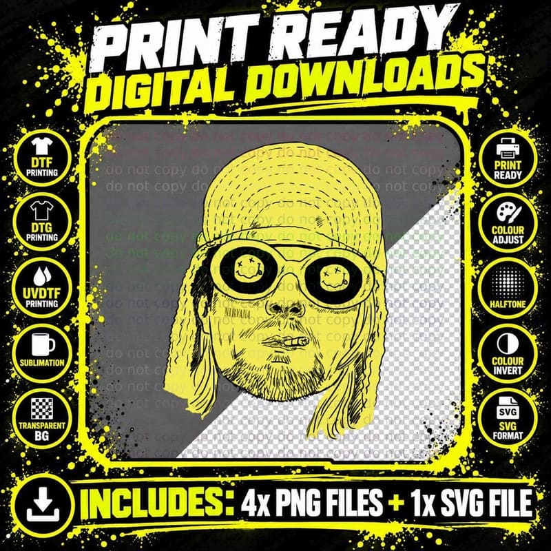 Kurt Cobain Iconic Glasses 1993 T-Shirt Png SVG Digital Bundle