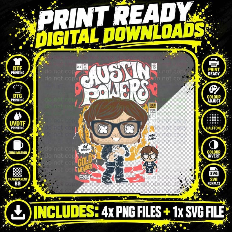Austin Powers Pop Culture Illustration Comic Book Cover Png SVG Digital Bundle