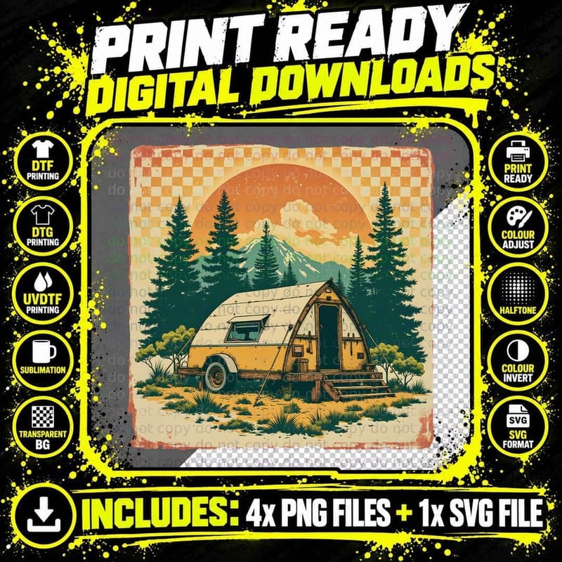A-Frame Camper in Forest at Sunset Outdoor Adventure Png SVG Digital Bundle