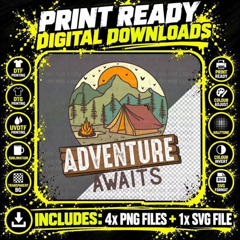 Adventure Awaits Camping T-Shirt, Camping Scene with Png SVG Digital Bundle