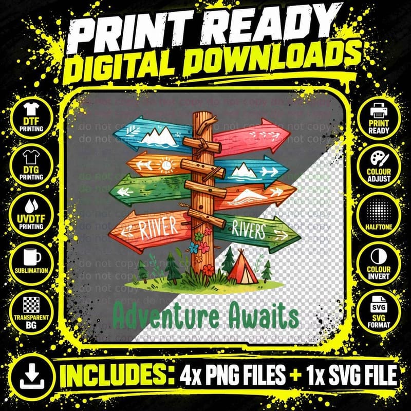 Adventure Awaits Camping T-Shirt, Colorful Signpost with Png SVG Digital Bundle