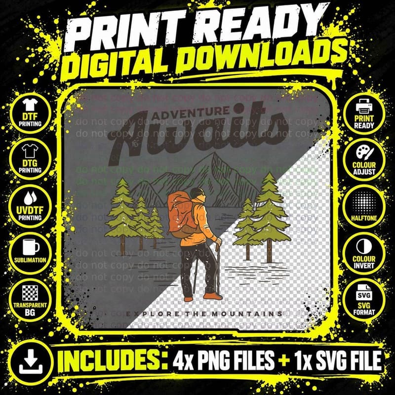 Adventure Awaits Mountains Explore the Hiker Green Png SVG Digital Bundle