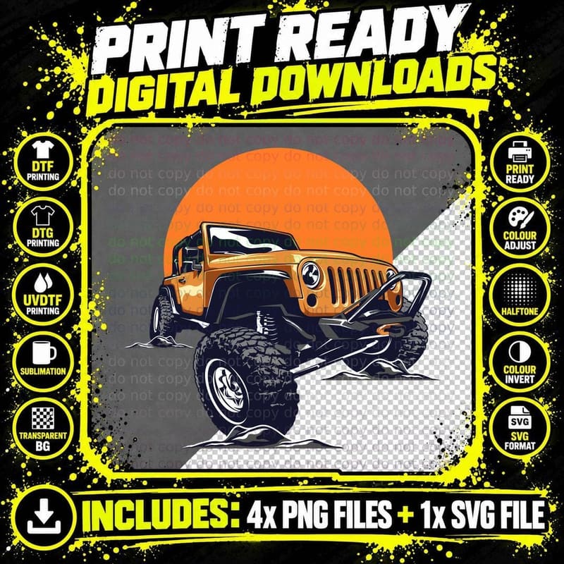 Adventure Orange Jeep Sunset 4x4 Retro T-Shirt Png SVG Digital Bundle