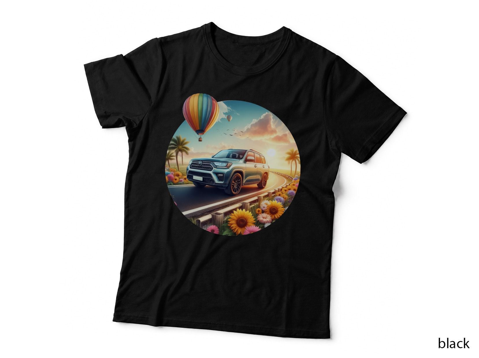 Adventure SUV Balloons Blue Hot Air Sunflowers Desert Road Surreal Art T-Shirt