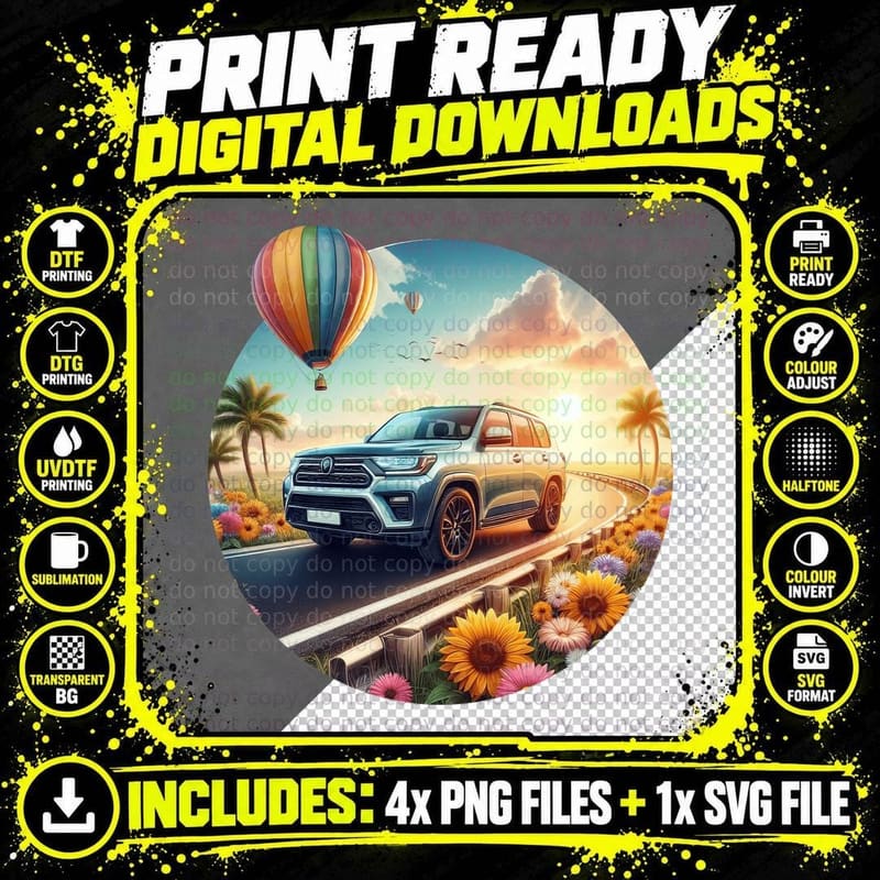 Adventure SUV Balloons Blue Hot Air Sunflowers Desert Png SVG Digital Bundle