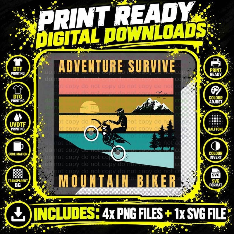 Adventure Survive Mountain Biker Motorcycle T-Shirt Png SVG Digital Bundle