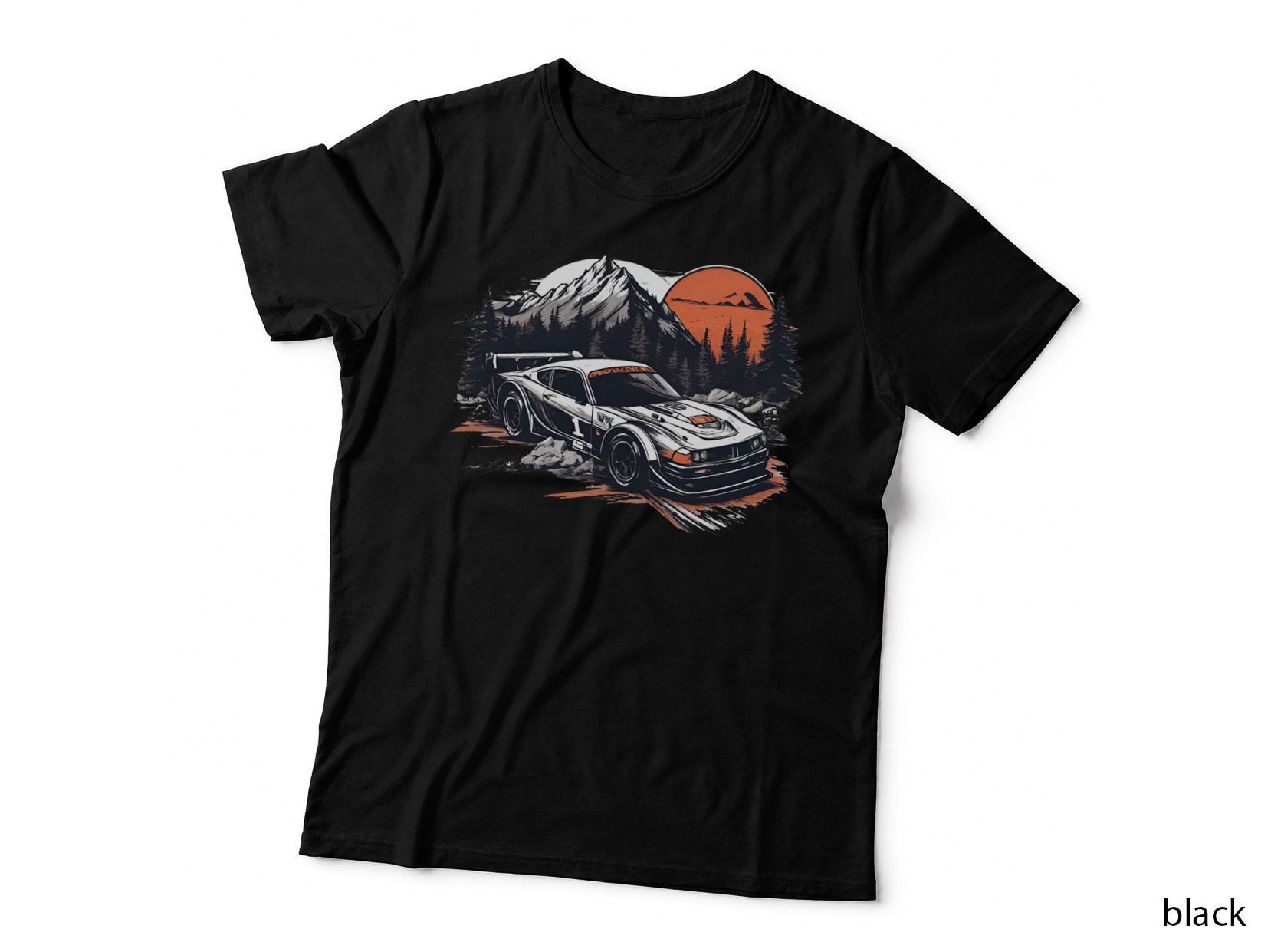 Alpine Fire Racer White Orange Sports Car Sunset Mountain T-Shirt