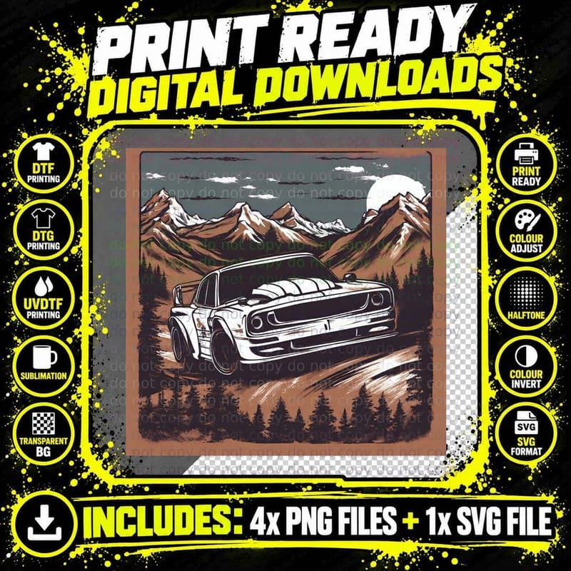 Alpine Muscle Vintage White Car Green Mountain Scenic Png SVG Digital Bundle
