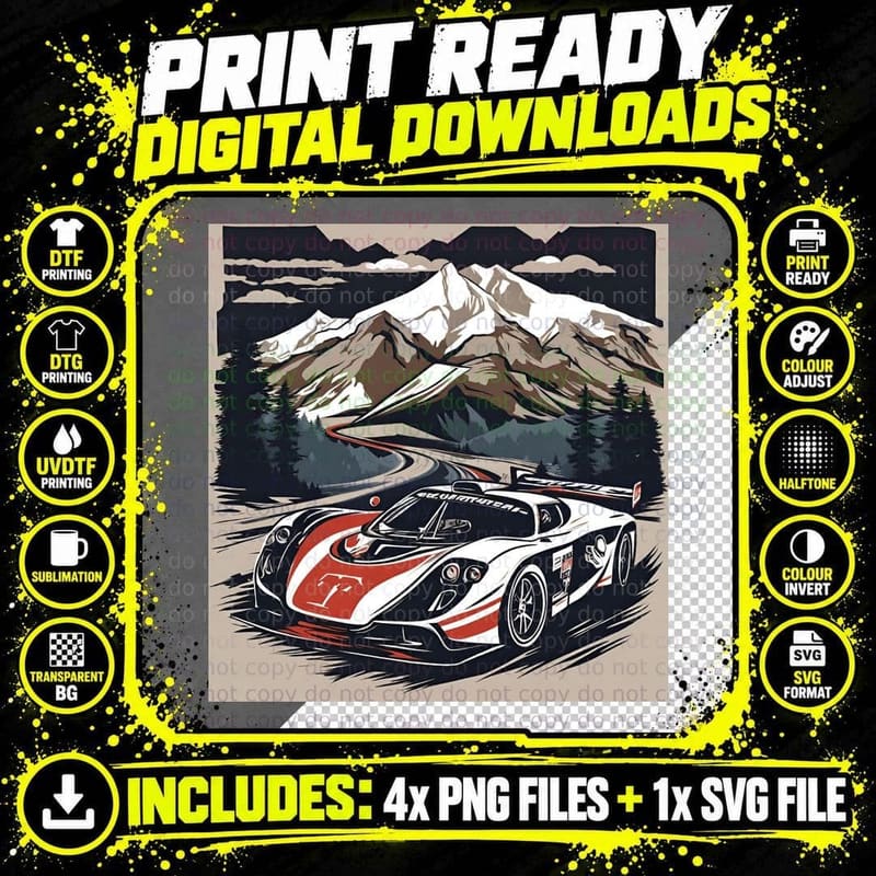 Alpine Speedster Red White Race Car Mountain Landscape Png SVG Digital Bundle