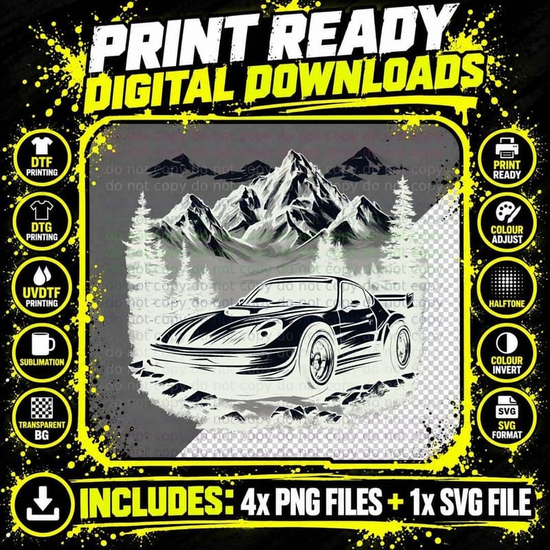Alpine Supercar Black Sports Car Mountain Forest Scenic Png SVG Digital Bundle