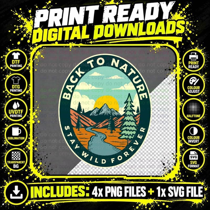 Back to Nature to Stay Wild Forever Mountain Landscape Png SVG Digital Bundle