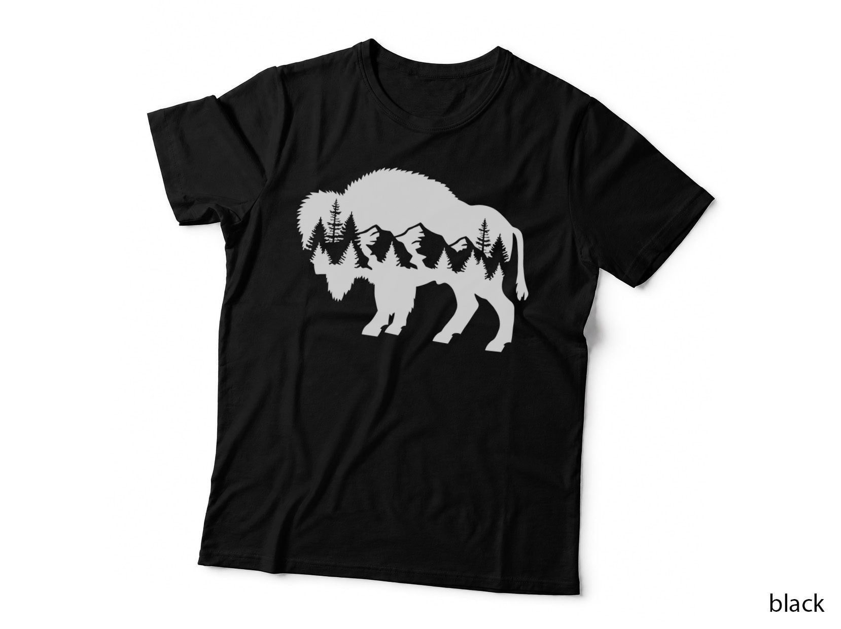 Bison Silhouette with Mountains Outdoor T-Shirt, Nature Adventure Graphic Tee