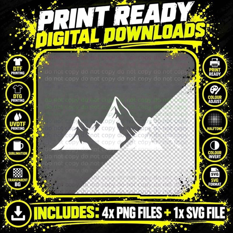 Black Mountain Silhouette on Gray Background Forest Png SVG Digital Bundle