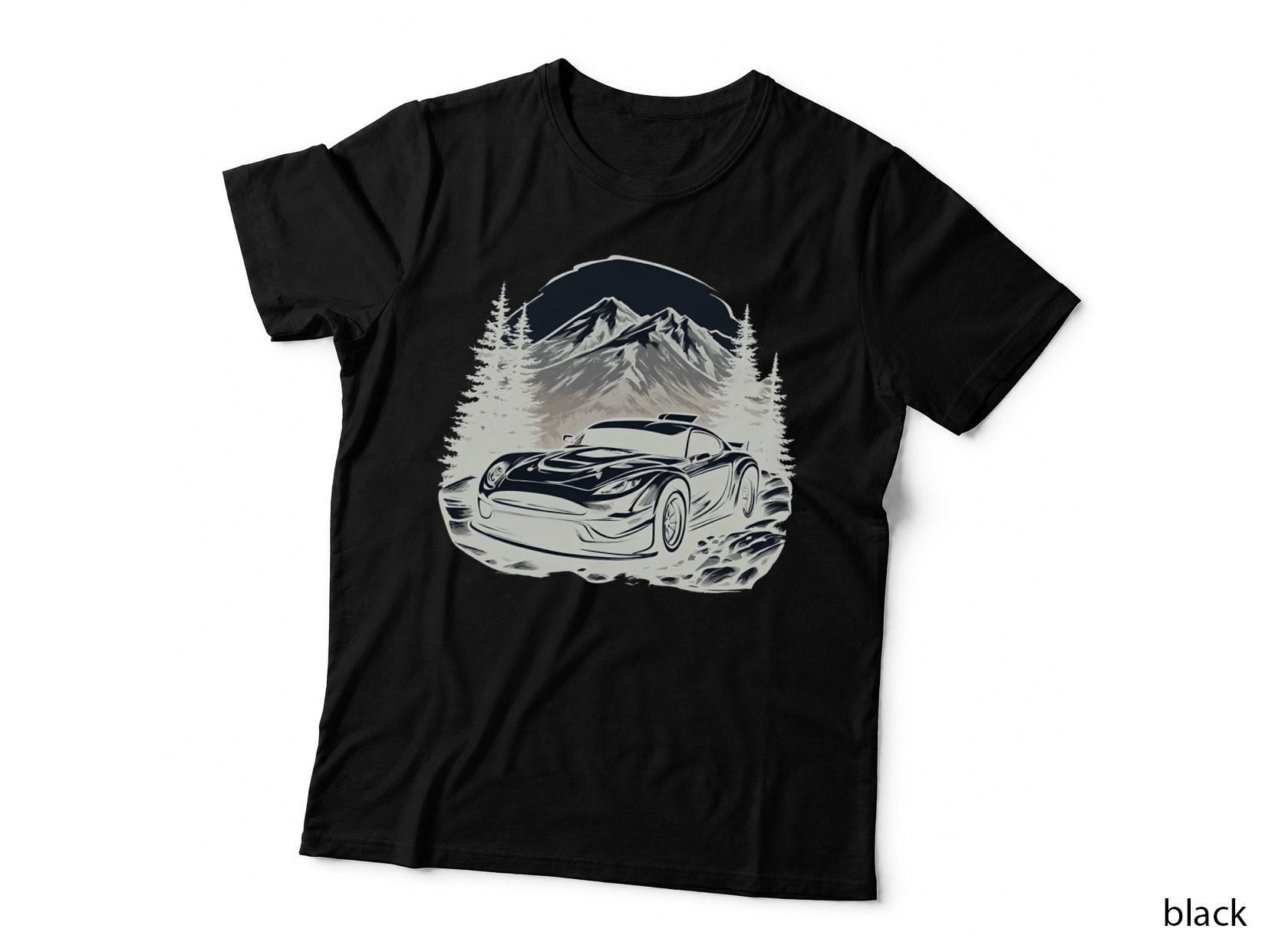 Black Sports Car White Mountain Landscape T-Shirt