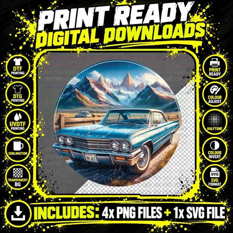 Blue Mountain Car Landscape Vintage T-Shirt Png SVG Digital Bundle
