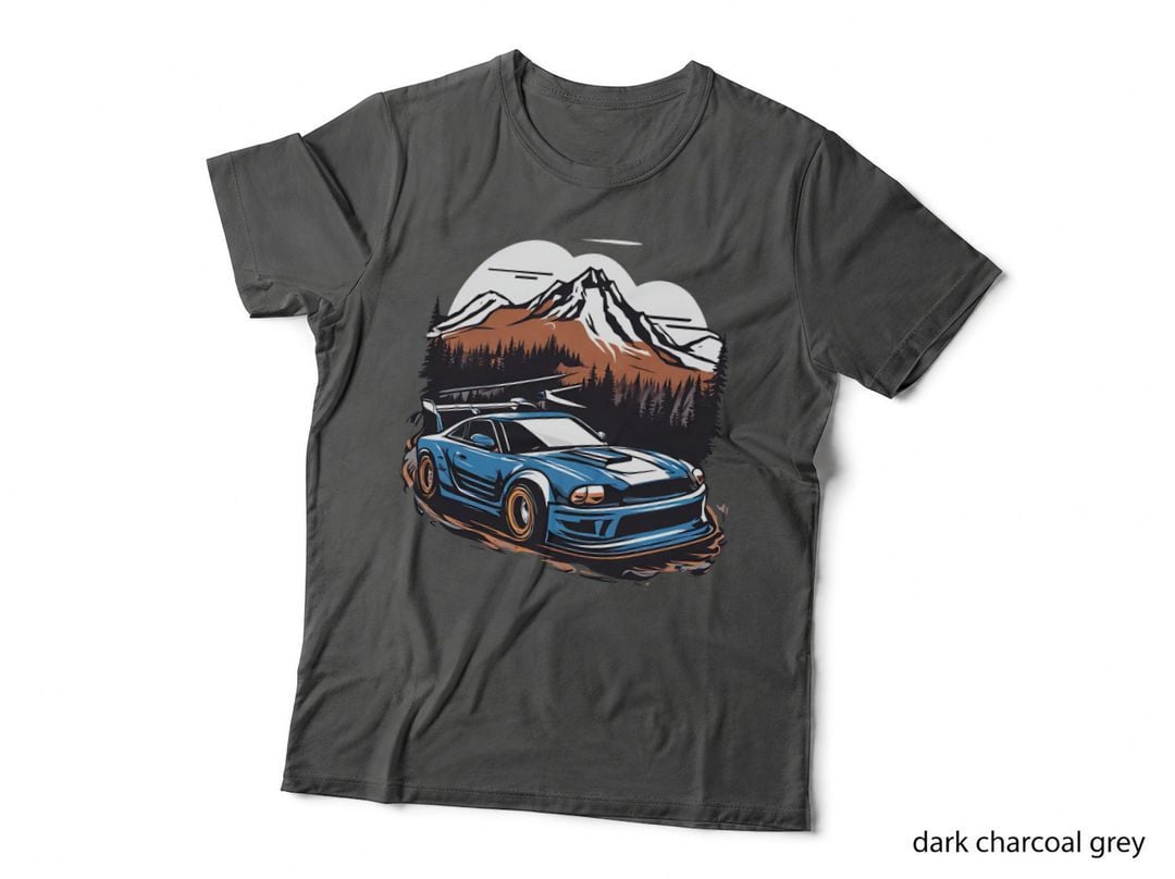Blue Racing Car White Sports Mountain Landscape T-Shirt