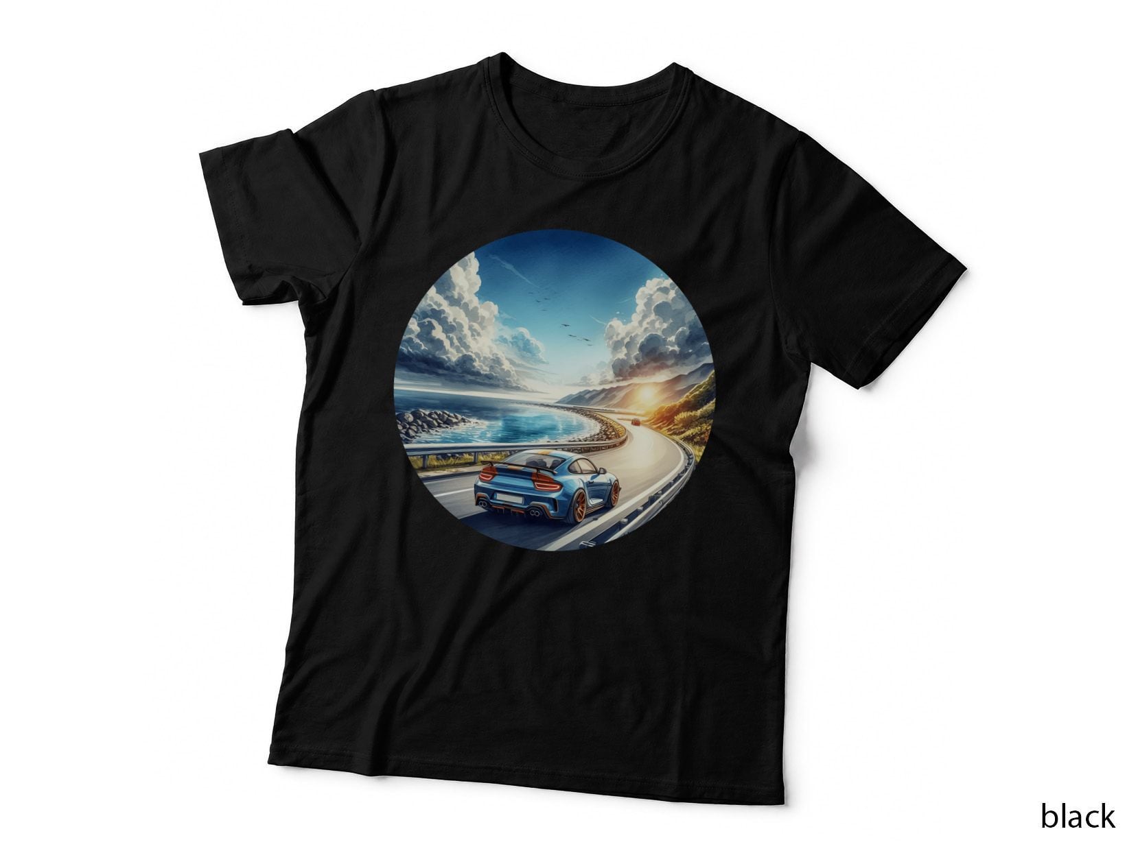 Blue Sports Car Coastal on Mountain Road Ocean Cliffs Scenic Drive T-Shirt