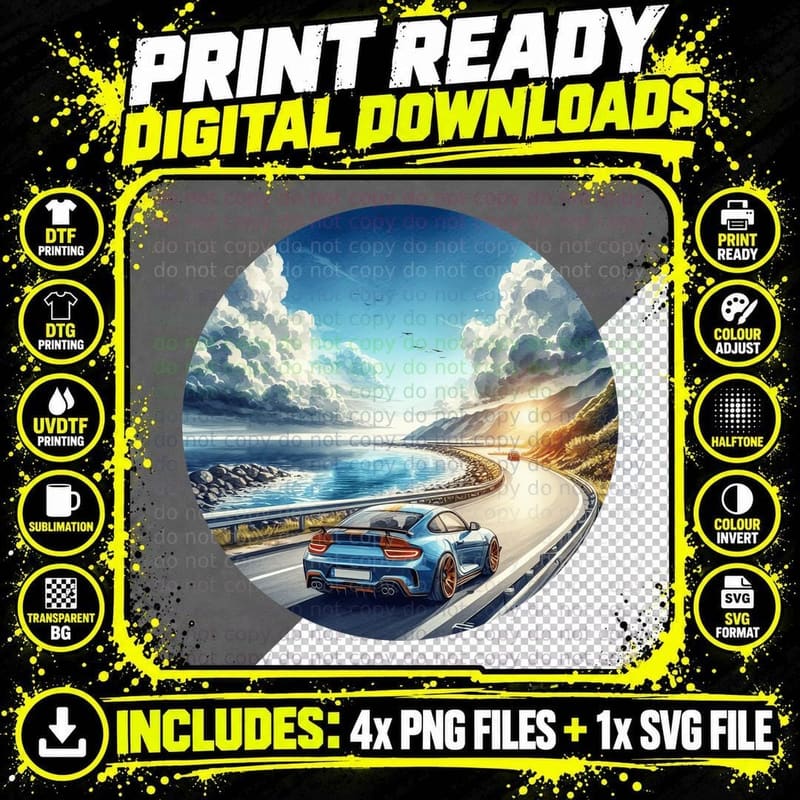 Blue Sports Car Coastal on Mountain Road Ocean Cliffs Png SVG Digital Bundle