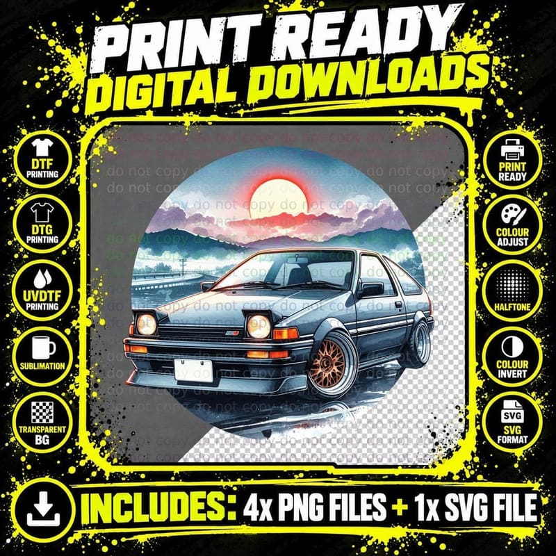 Blue Sports Car Mountain Sunset Landscape Alpine Drift Png SVG Digital Bundle