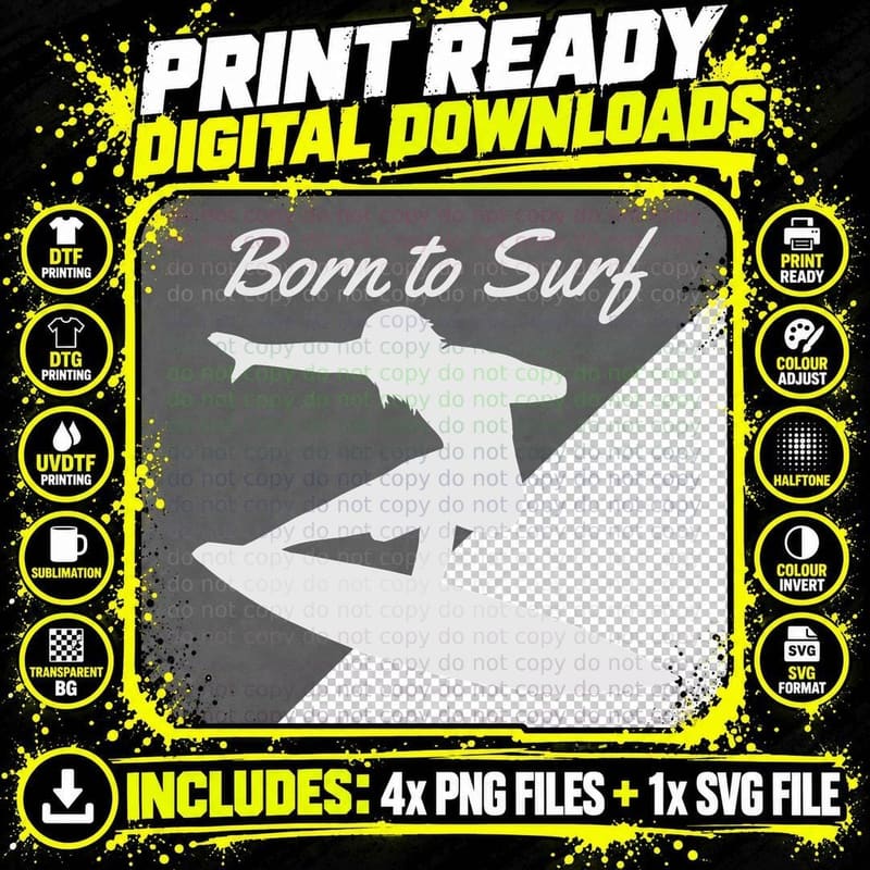 Born to Surf Silhouette Surfer Black Minimal Typography Png SVG Digital Bundle