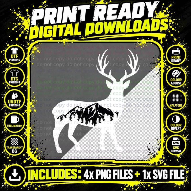 Buck Deer Mountain Forest Scene Outdoor T-Shirt Png SVG Digital Bundle