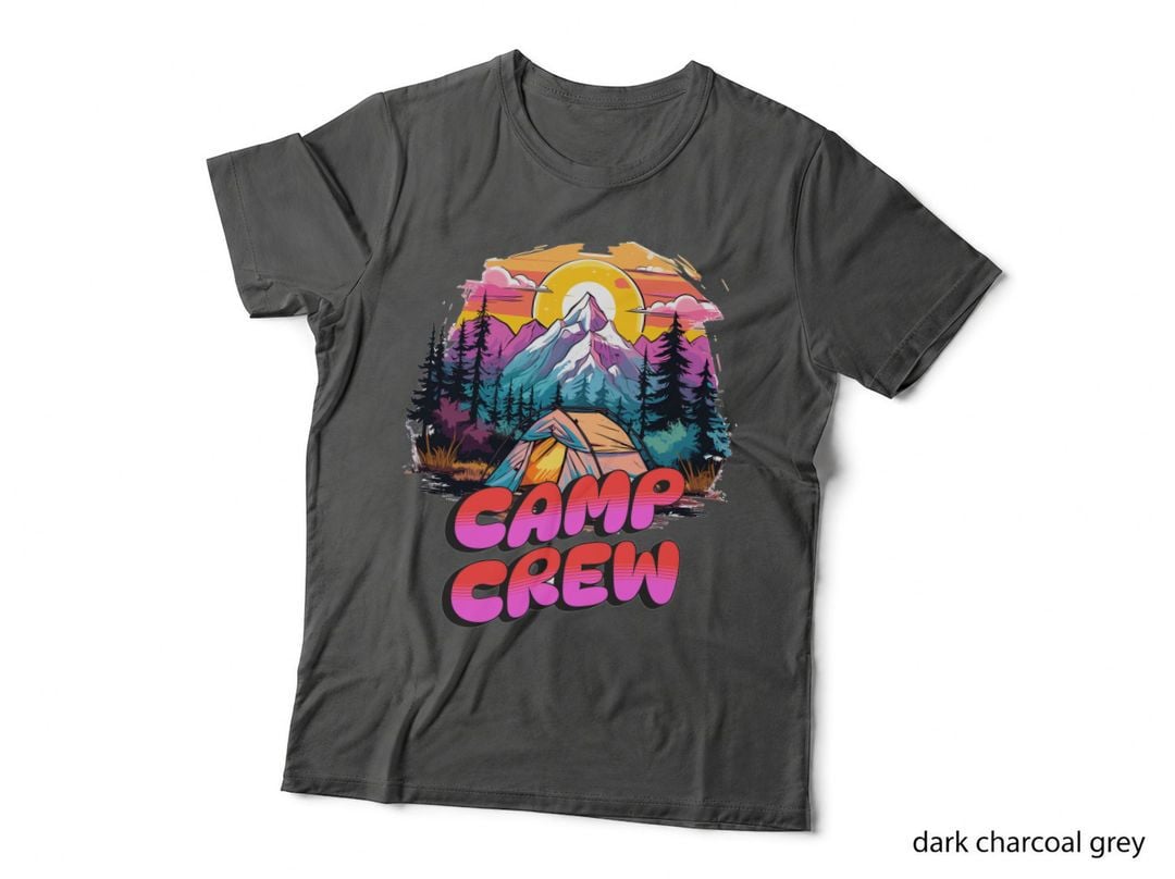 Camp Crew Camping T-Shirt, Camping Tent in Mountain Sunset Graphic Tee
