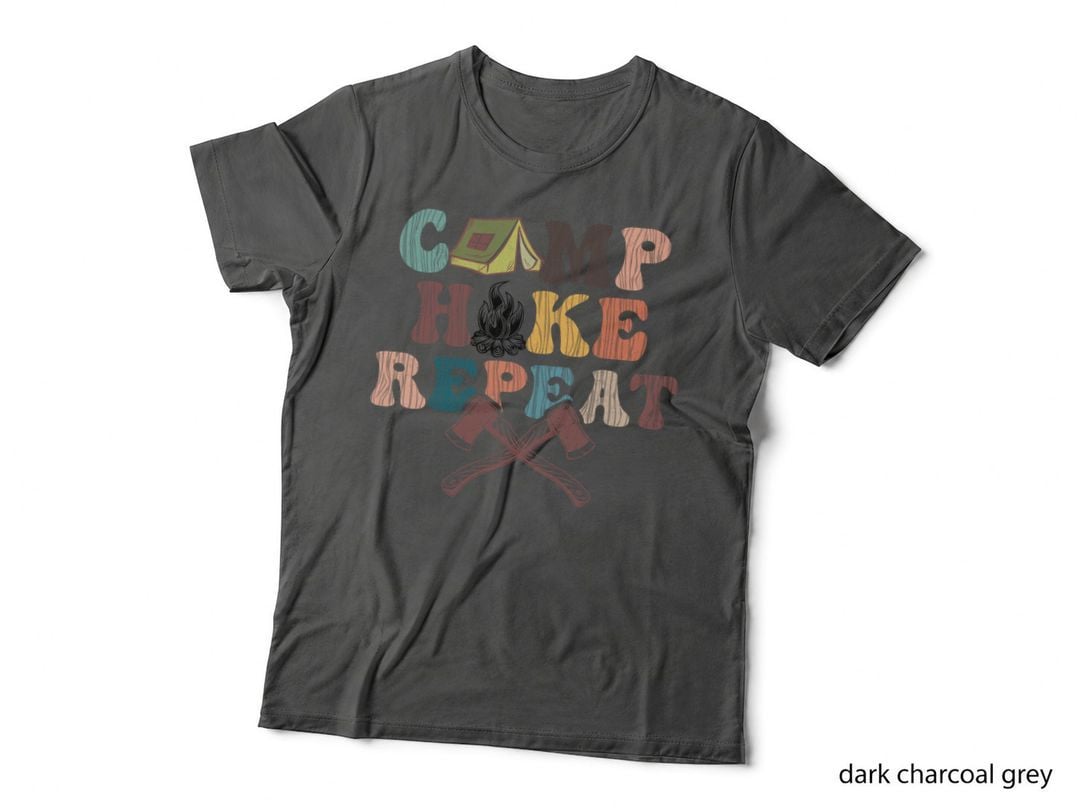 Camp Hike Repeat Camping T-Shirt, Camping Adventure Scene with Tent Graphic Tee