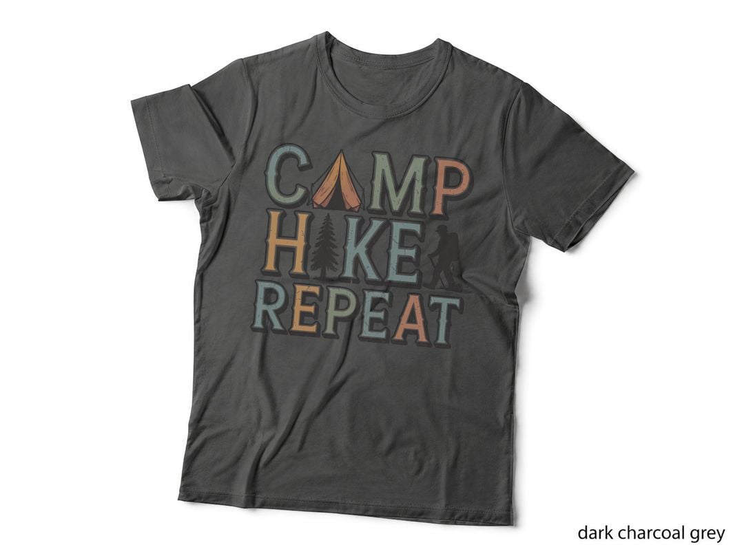 Camp Hike Repeat Camping T-Shirt, Camping Adventure Silhouette Graphic Tee