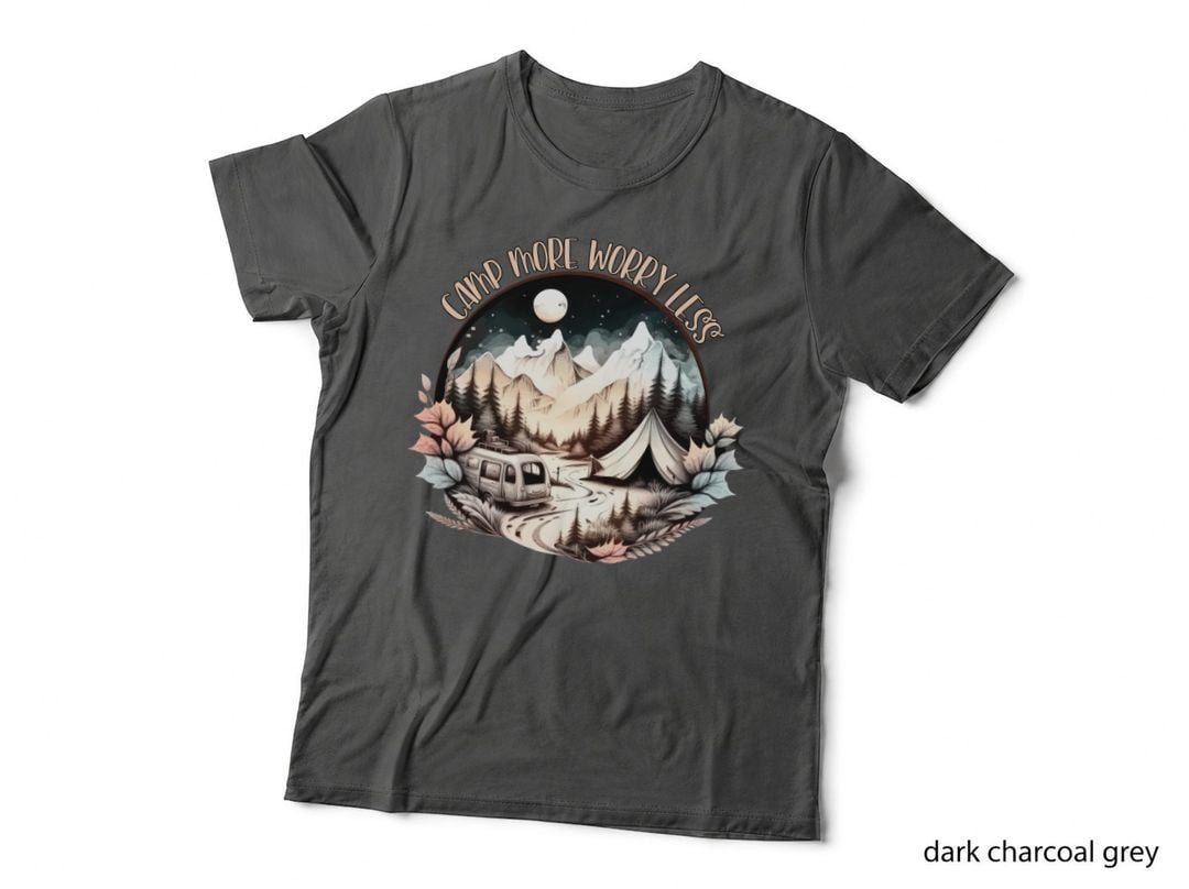 Camp More Worry Less Camping T-Shirt, Camping Night Scene with Mountains