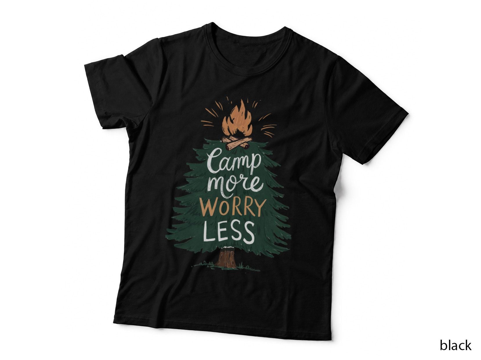 Camp More Worry Less Camping T-Shirt, Pine Tree with Campfire Graphic Tee