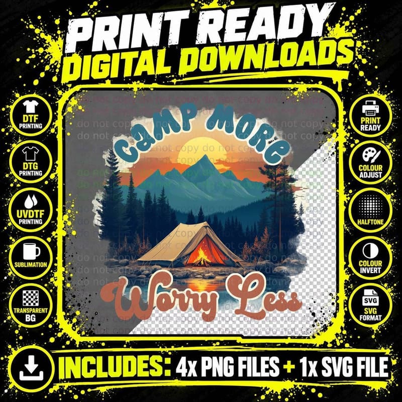 Camp More Worry Less Outdoor Adventure T-Shirt Png SVG Digital Bundle